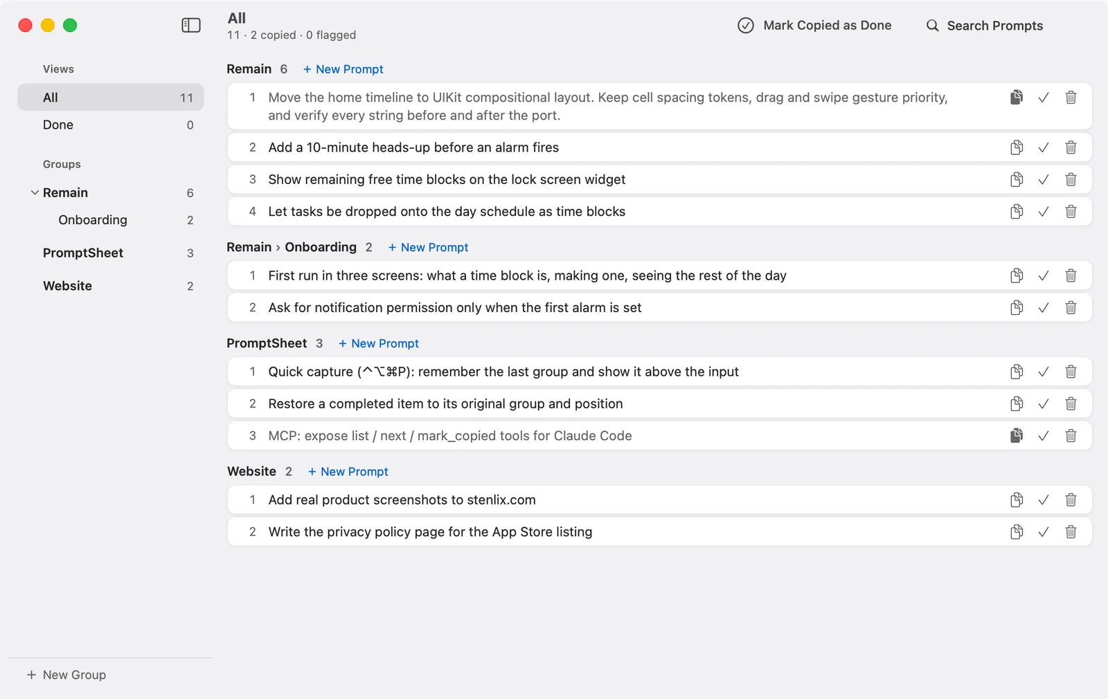 PromptSheet on macOS: a queue of prompts grouped by project, with copied items dimmed